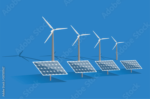 Isolated vector illustration of clean electrical energy from renewable sources solar and wind.