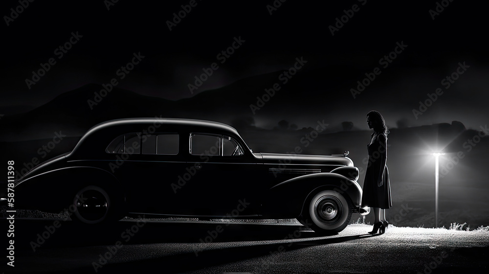 Vintage car with a woman in b /w, Generative AI