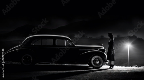 Vintage car with a woman in b  w  Generative AI