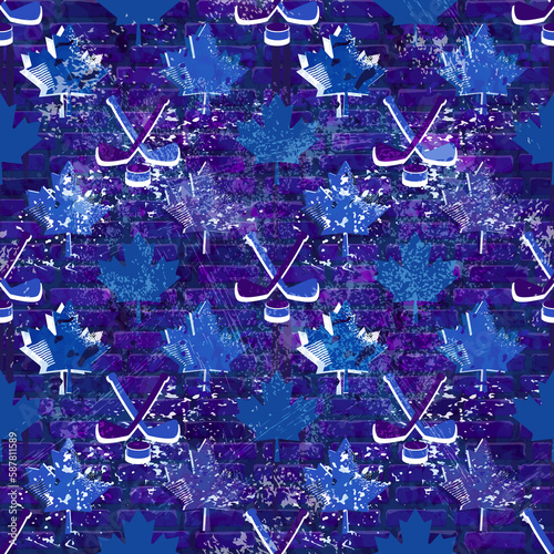 Hockey seamless pattern on brick texture with crossed sticks, pucks and maple leaves. Purple blue and light blue shades. Vector illustration.