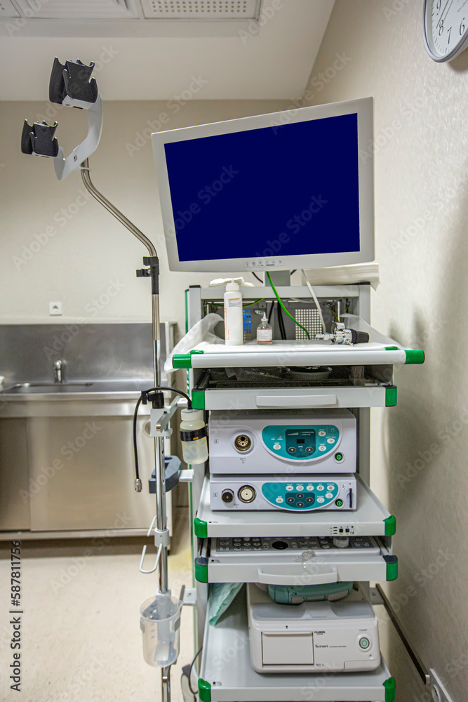 Modern endoscopy equipment kit. Electronic video Endoscopy System. A patients couch and a stand