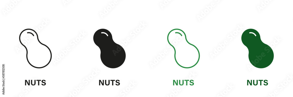 Peanut Line and Silhouette Icon Set. Nuts Green and Black Pictograms. Allergen Ingredient Contains Peanut Symbol Collection on White Background. Isolated Vector Illustration Peanut Line and Silhouette Icon Set. Nuts Green and Black Pictograms. Allergen Ingredient Contains Peanut Symbol Collection on White Background. Isolated Vector Illustration