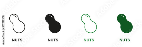 Peanut Line and Silhouette Icon Set. Nuts Green and Black Pictograms. Allergen Ingredient Contains Peanut Symbol Collection on White Background. Isolated Vector Illustration