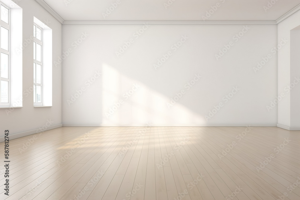 Large modern interior of a new apartment, large windows and white walls with a wooden floor. Generative ai Large modern interior of a new apartment, large windows and white walls with a wooden floor. Generative ai