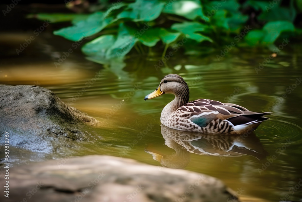 The beauty of nature and wildlife features a duck swimming in serene waters The beauty of nature and wildlife features a duck swimming in serene waters