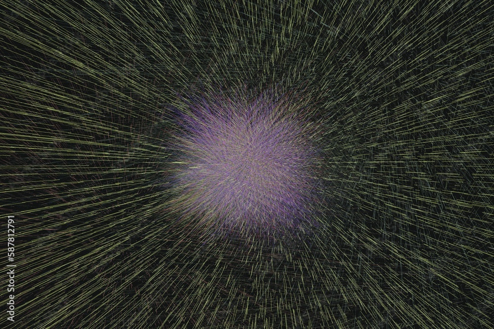 Fototapeta premium Dark purple green pattern of crooked rays from the center on a black background. Abstract fractal 3D rendering