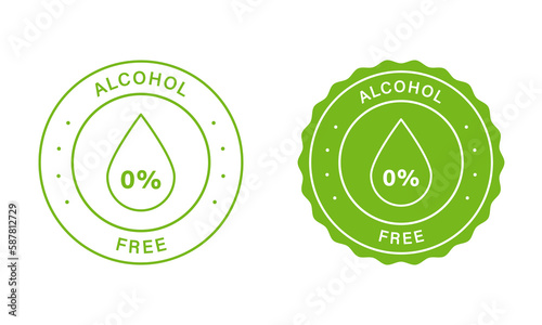 No Alcohol In Beauty Product Stamp Set. Zero Percent Alcohol-Free Labels. Natural Cosmetic Stickers for Alcohol Free Products. Droplet In Round Seal No Alcohol Icon. Isolated Vector Illustration