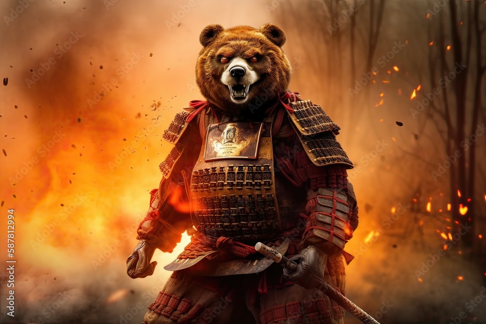 Formidable Bear. Portrait of bear wear samurai armor on blur fiery