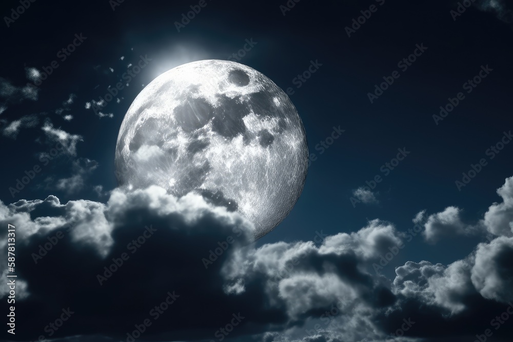 full moon shining through a cloudy night sky. Generative AI
