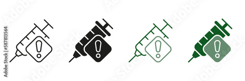 Vaccination Syringe with Alert Sign. Precautions About Drug, Dope, Narcotic Syringe Symbol Collection. Vaccine Warning Line and Silhouette Icon Set. Isolated Vector illustration