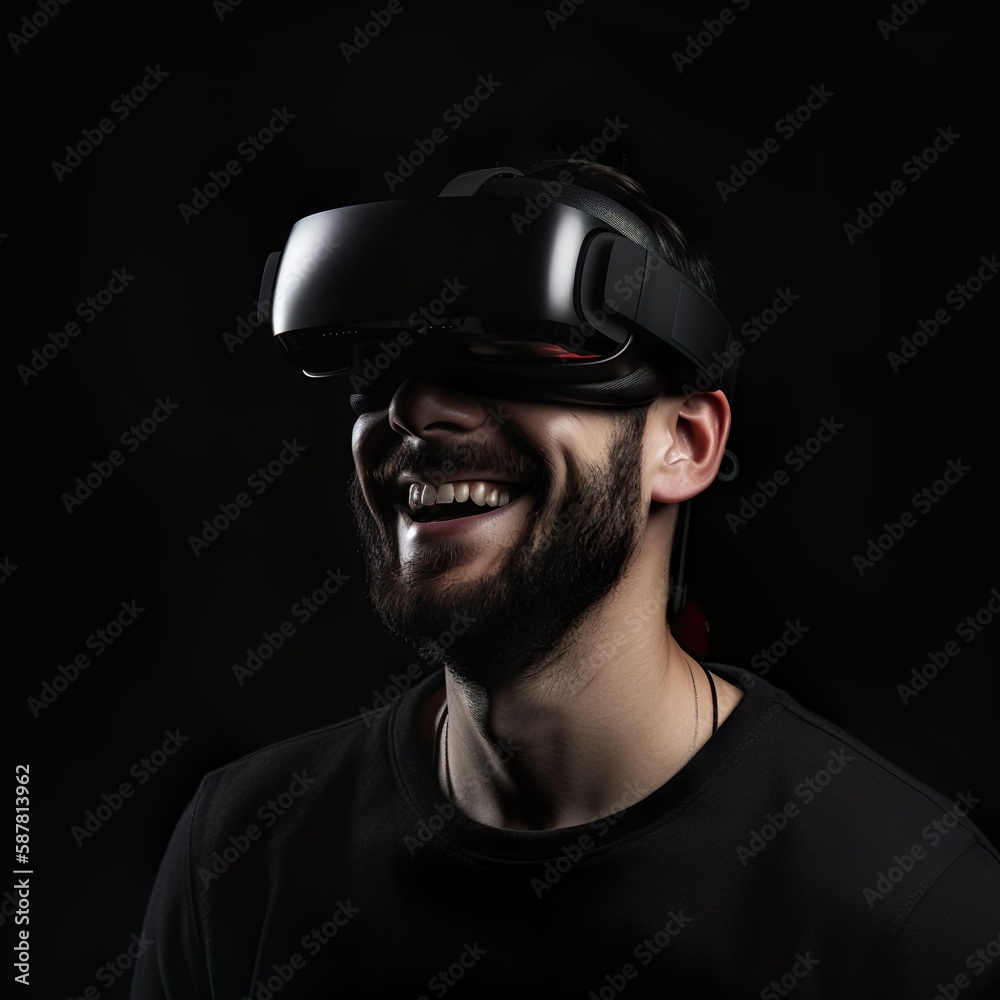 Illustration of an adult man using virtual reality glasses on a black background. Generated with artificial intelligence Illustration of an adult man using virtual reality glasses on a black background. Generated with artificial intelligence