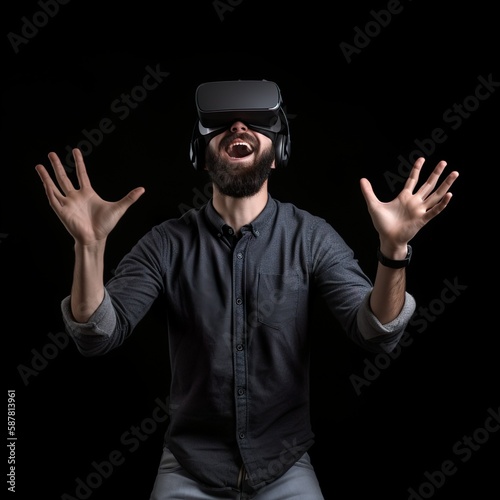 Illustration of an adult man using virtual reality glasses on a black background. Generated with artificial intelligence © Yorik
