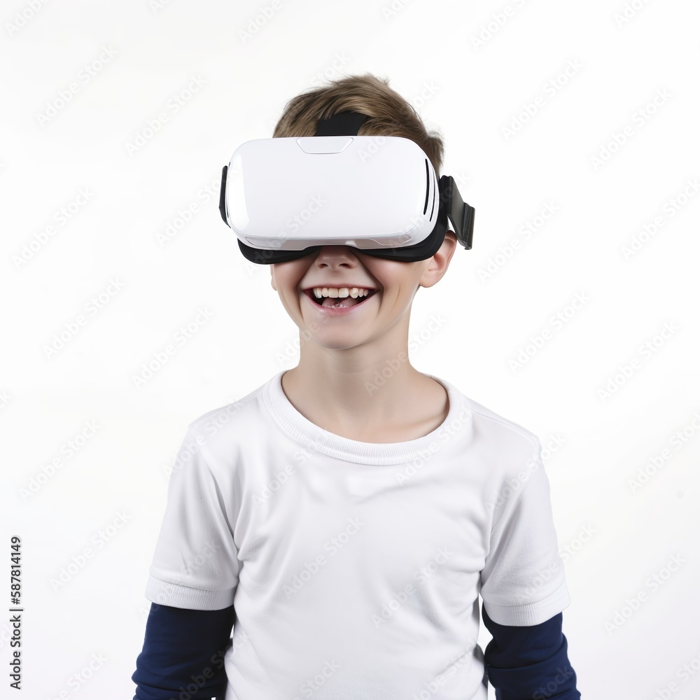 Illustration of an boy using virtual reality glasses on a white background. Generated with artificial intelligence Illustration of an boy using virtual reality glasses on a white background. Generated with artificial intelligence