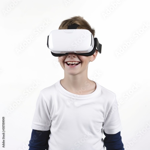 Illustration of an boy using virtual reality glasses on a white background. Generated with artificial intelligence