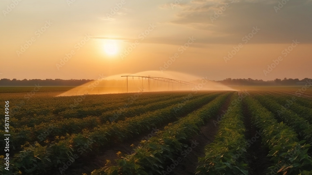 Irrigation system on agricultural soybean field, rain gun sprinkler on helps to grow plants in the dry season, increases crop yields. Generative AI - obrazy, fototapety, plakaty 
