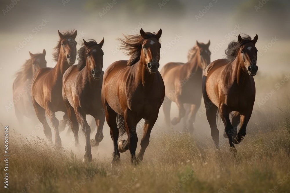 Fototapeta premium Group of horses galloping across a beautiful meadow Generative AI