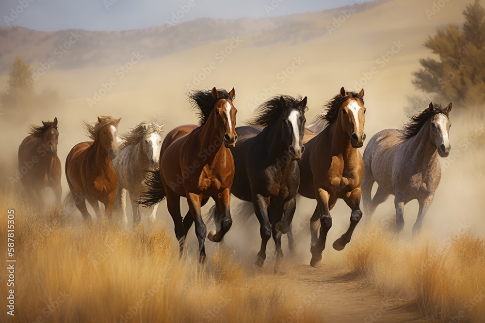 Group of horses galloping across a beautiful meadow Generative AI