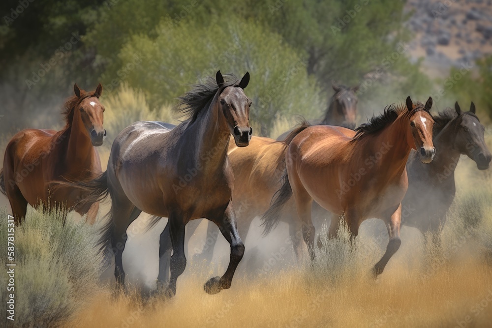 Group of horses galloping across a beautiful meadow Generative AI Group of horses galloping across a beautiful meadow Generative AI