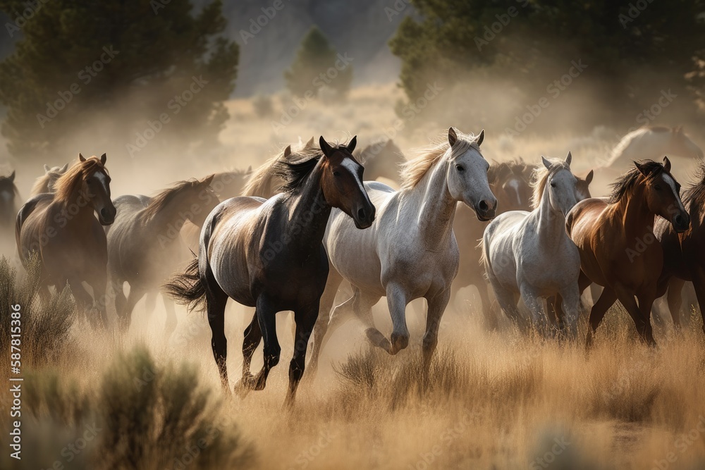 Fototapeta premium Group of horses galloping across a beautiful meadow Generative AI