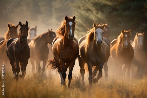 Group of horses galloping across a beautiful meadow Generative AI © ChaoticMind