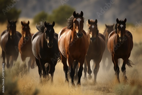 Group of horses galloping across a beautiful meadow Generative AI © ChaoticMind