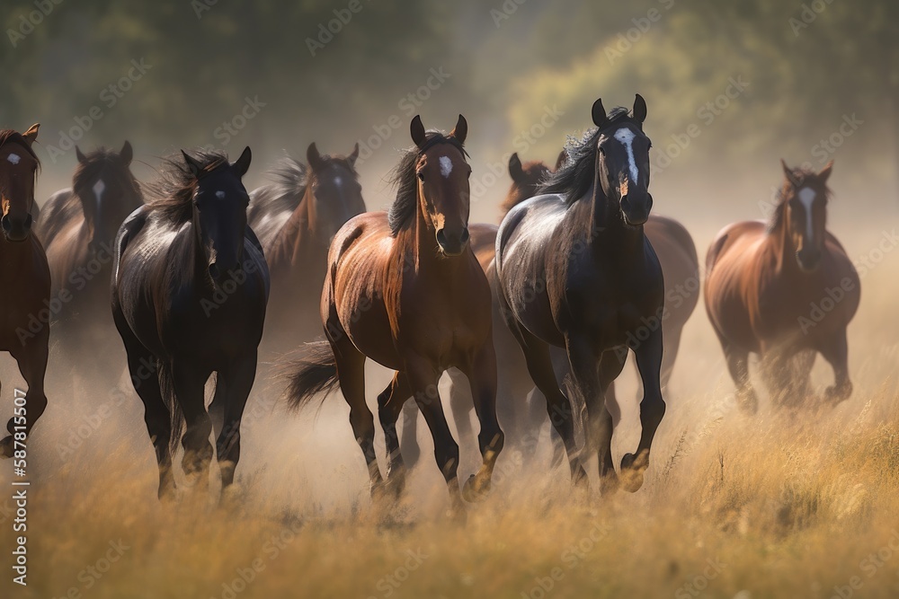 Fototapeta premium Group of horses galloping across a beautiful meadow Generative AI
