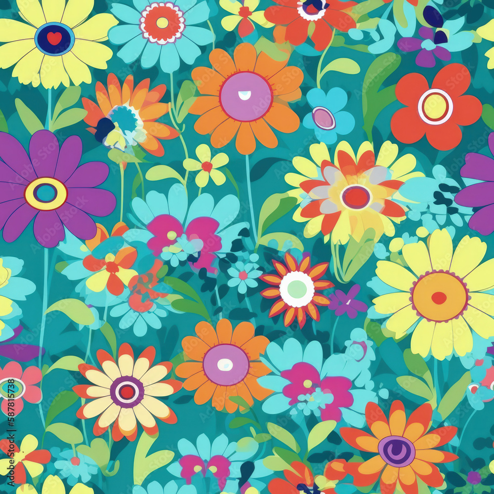 Cheerful Happy Floral Petal Design: Colorful, Perfect for Tiled Pattern Display and Lively Decoration - Generative AI