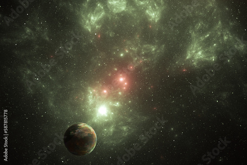 Green red stardust clouds with planet in black space. Abstract fractal 3D rendering