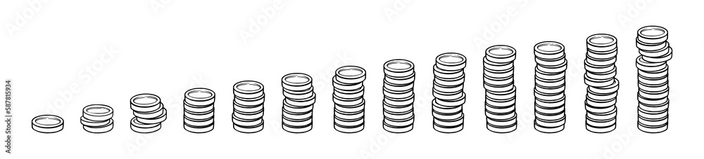 Coin tower graph for investmet charts and bank interest profit growth. Set with coin stacks and towers. Vector illustration isolated in white background Coin tower graph for investmet charts and bank interest profit growth. Set with coin stacks and towers. Vector illustration isolated in white background