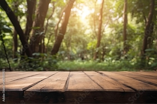 serene wooden deck surrounded by lush trees and plants in a forest. Generative AI