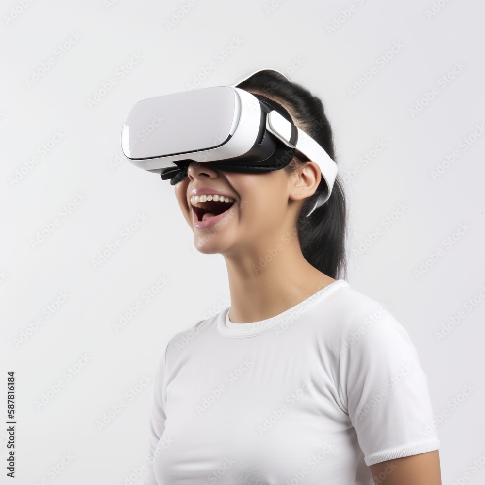 Illustration of an adult woman using virtual reality glasses on a white background. Generated with artificial intelligence Illustration of an adult woman using virtual reality glasses on a white background. Generated with artificial intelligence