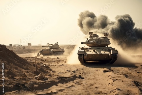 Tanks battle Heavy military vehicles in the desert Selective focus Generative AI