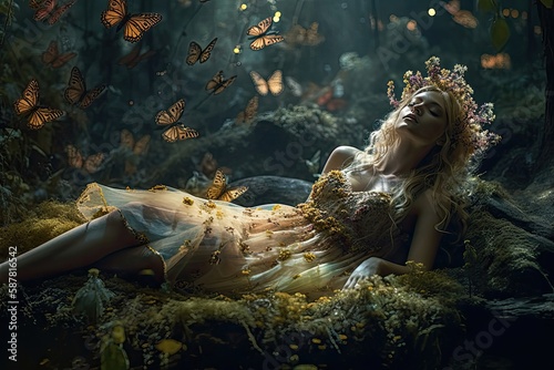 A beautiful forest fairy lies in the moss in a magical forest full of mushrooms. Generative ai