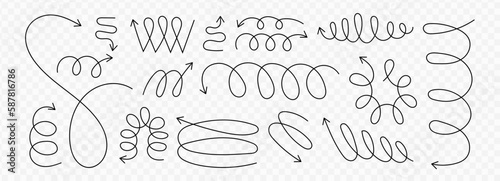 Line spiral spring arrow vector illustration set on transparent background. Y2k aesthetic design. Modern minimalist linear elements, trendy outline arrows. Different forms of zigzag, coil, wave