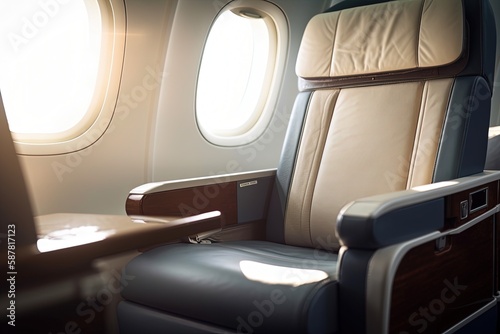 Interior of airplane with seats and portholes selective focus Generative AI