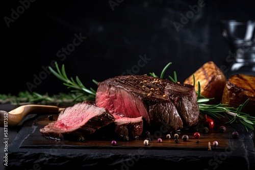 Grilled beef steak with rosemary and spices on a black background Generative AI