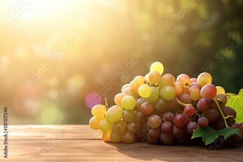 A bunch of grapes on a wooden table. Genertaive AI