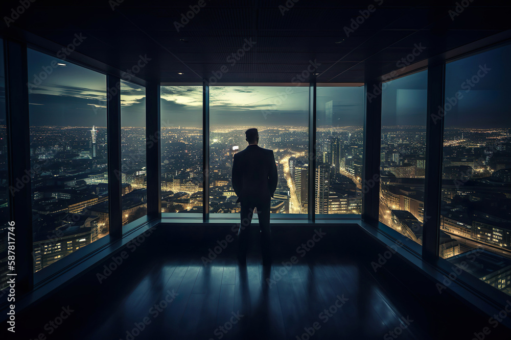 Businessman looking at city through window. Generative Ai.