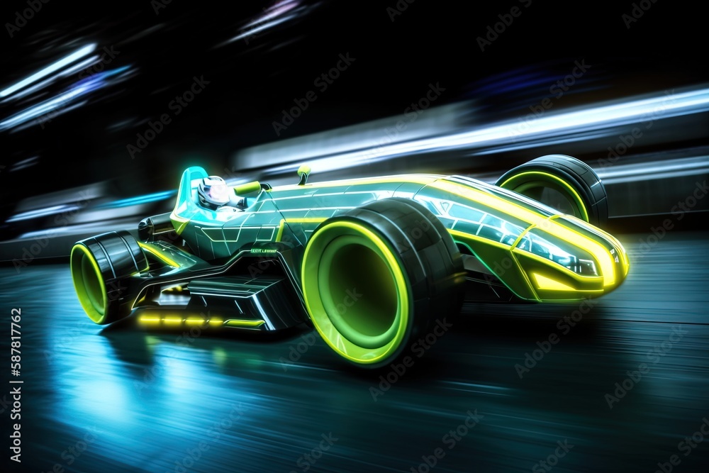 A racing car with neon lights on the front. Generative AI