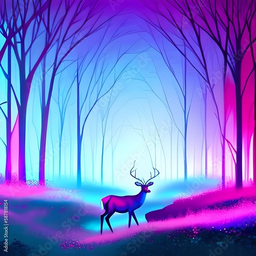 illustration painting of deer walking across the neon forest. Luxurious abstract art digital painting for wallpaper © Mstluna