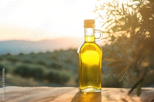 A bottle of olive oil sits on a wooden table in front of a sunset. Generative AI