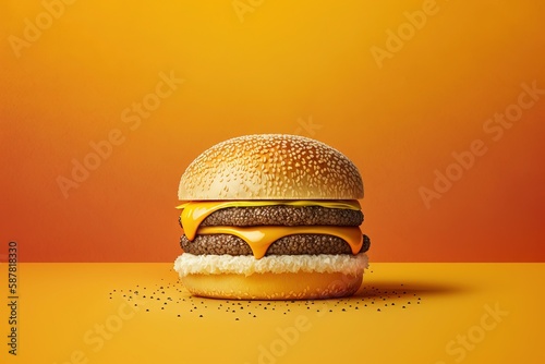 A hamburger with cheese on it that is on a yellow background. Generative AI photo