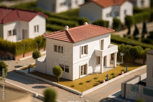 Miniature model of a house on the background of the city. Generative AI