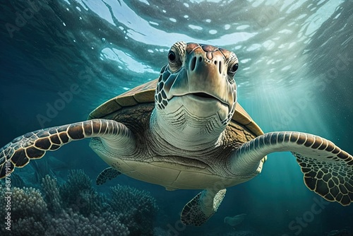Green sea turtle swimming in the blue ocean. The concept of exotic tourism. Generative AI
