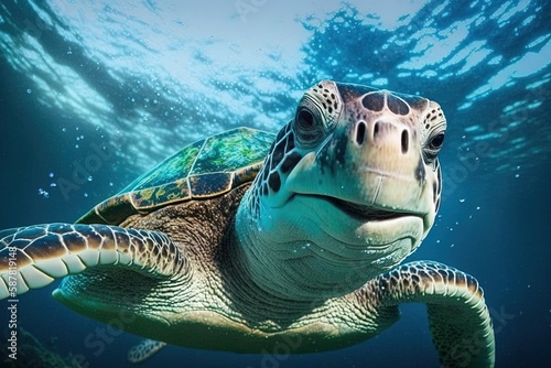 Hawaiian Green Sea Turtle  Chelonia mydas . Generative AI