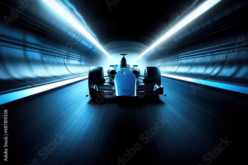 Formula f1 race car in a tunnel with lights. Generative AI © hardqor4ik