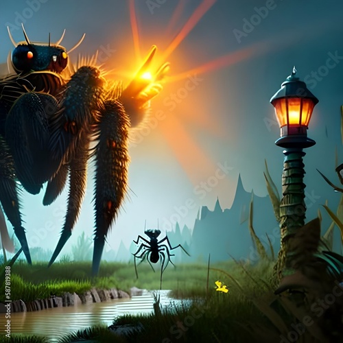 Brave hero lights way with lantern, stands in front of huge spider with sting, glowing yellow mouth with sharp teeth stands its paws in swampy dead landscape