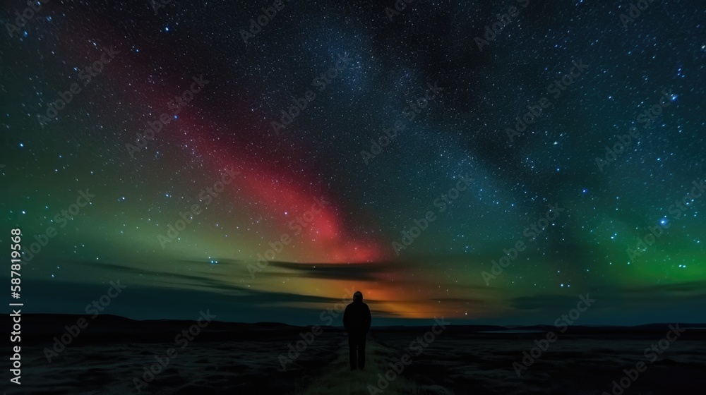 A lone man wait for the aurora borealis over a mountain range - Generative AI