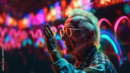 Amazed elderly man dancing after accidentally used Ecstasy in night club created with generative AI technology