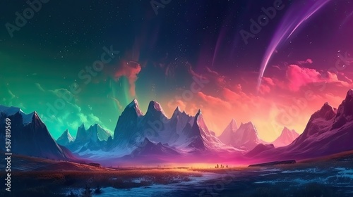 aurora borealis over a mountain range - Generative AI © David